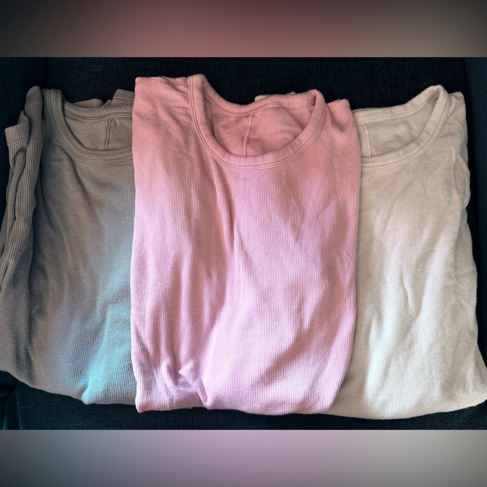 Set of Three Ribbed Crewneck Tops - Pink, Gray, Cream